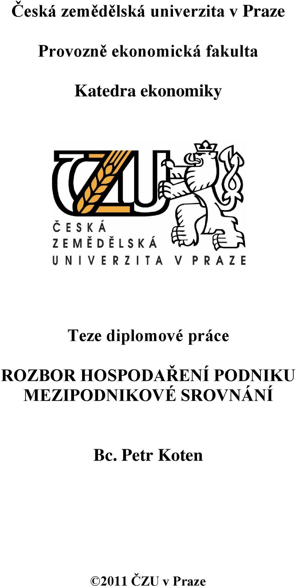 diplomové práce ROZBOR HOSPODAŘENÍ PODNIKU