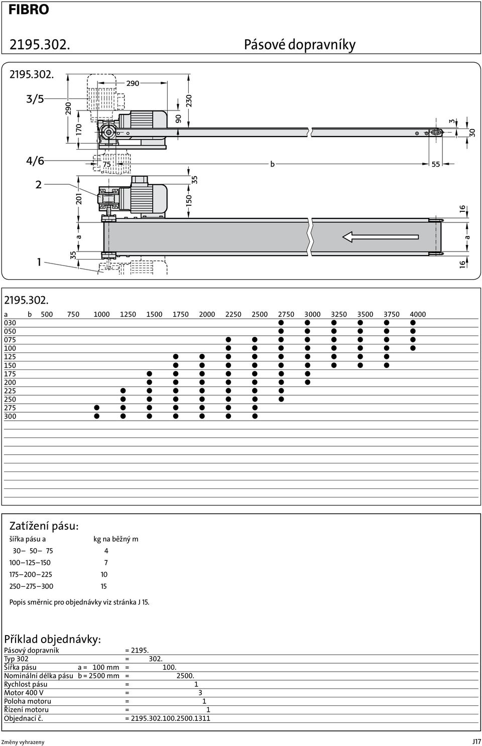 šířka pásu a kg na běžný m 30 50 75 4 100 125 150 7 175 200 225 10 250 275 300 15 Popis směrnic pro objednávky viz stránka J 15. Pásový dopravník = 2195.