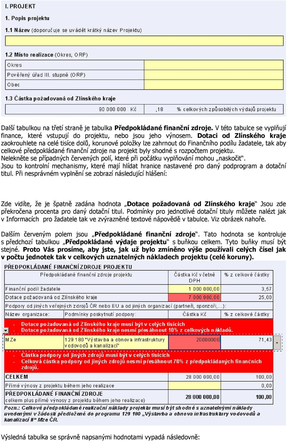 rozpočtem projektu. Nelekněte se případných červených polí, které při počátku vyplňování mohou naskočit.