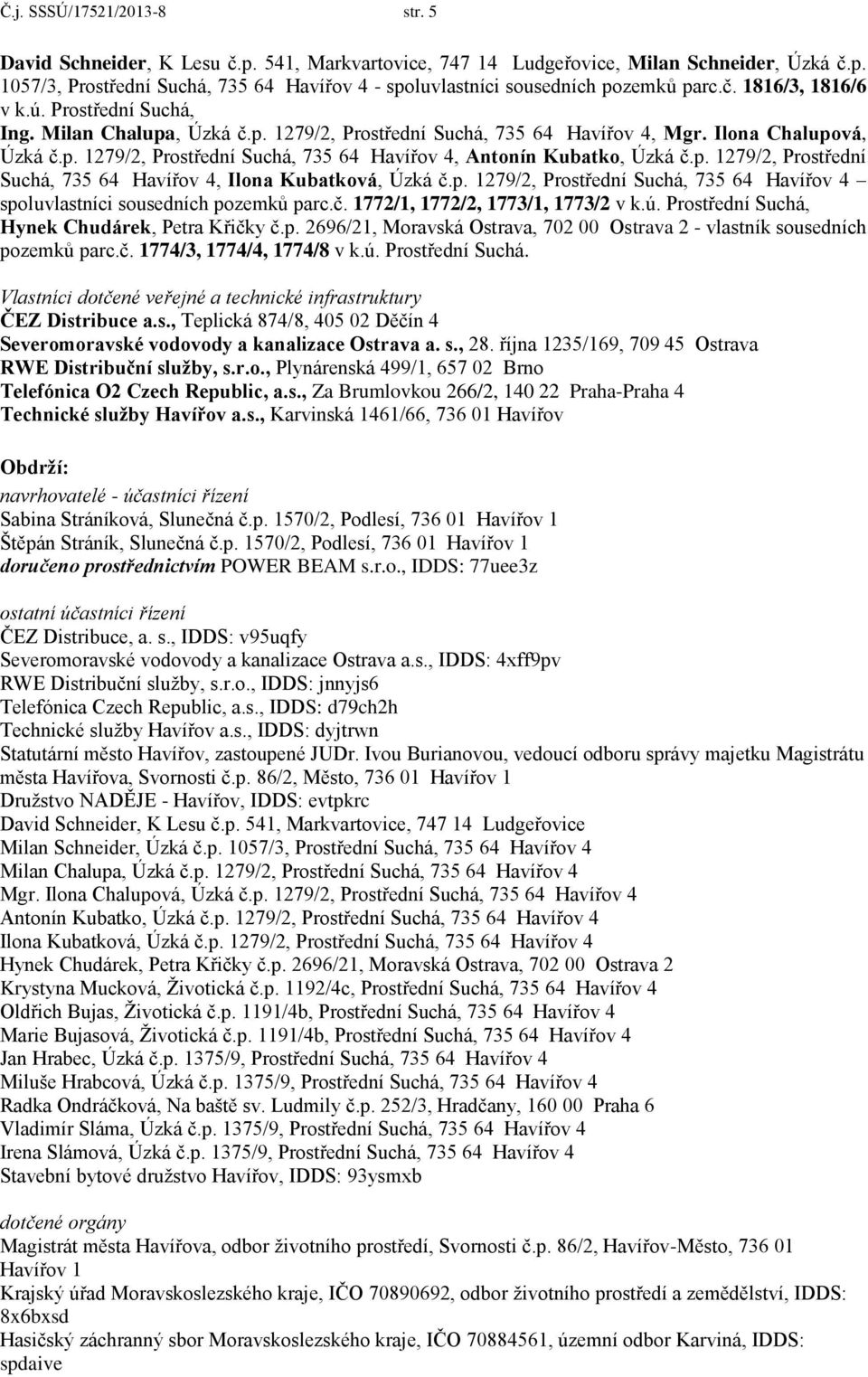 p. 1279/2, Prostřední Suchá, 735 64 Havířov 4, Ilona Kubatková, Úzká č.p. 1279/2, Prostřední Suchá, 735 64 Havířov 4 spoluvlastníci sousedních pozemků parc.č. 1772/1, 1772/2, 1773/1, 1773/2 v k.ú.