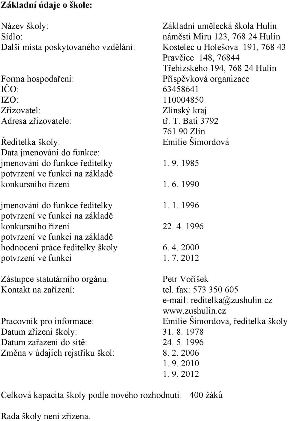 organizace 6345864 485 Zlínský kraj tř. T. Bati 3792 76 9 Zlín Emilie Šimordová. 9. 985. 6. 99 jmenování do funkce ředitelky potvrzení ve funkci na základě konkursního řízení potvrzení ve funkci na základě hodnocení práce ředitelky školy potvrzení ve funkci.