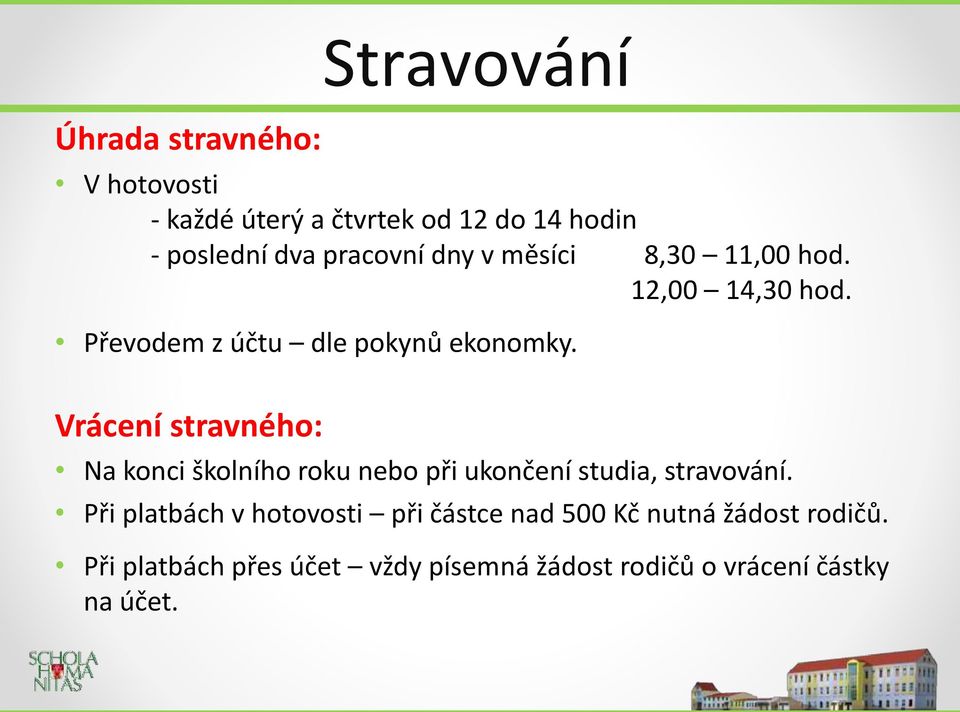 Vrácení stravného: Na konci školního roku nebo při ukončení studia, stravování.