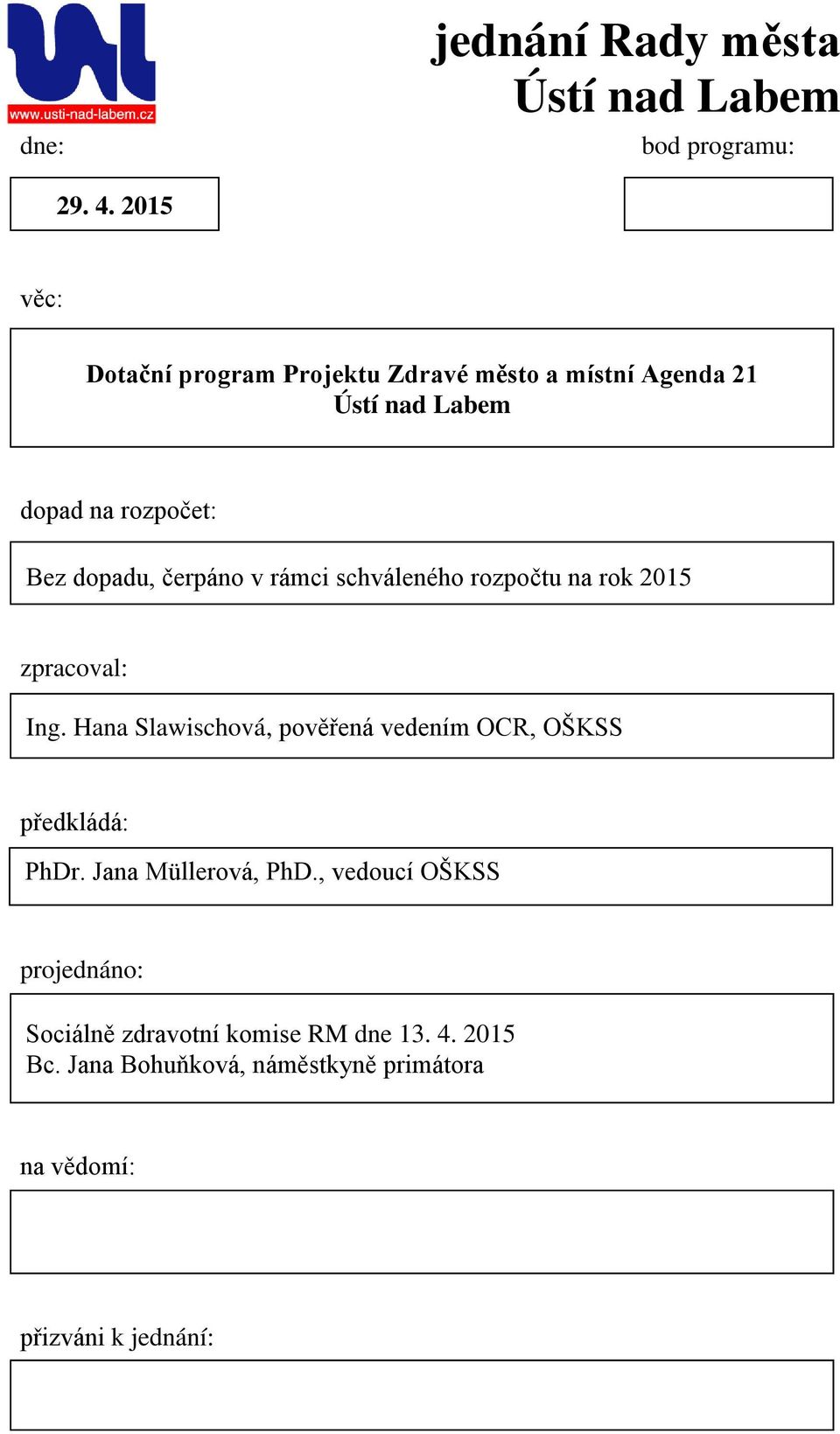 čerpáno v rámci schváleného rozpočtu na rok 2015 zpracoval: Ing.