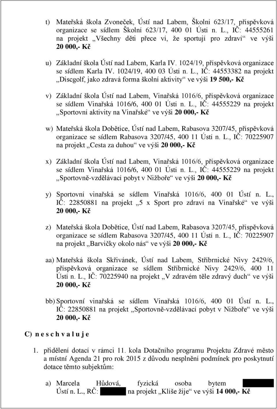 , IČ: 44553382 na projekt Discgolf, jako zdravá forma školní aktivity ve výši 19 500,- Kč v) Základní škola Ústí nad Labem, Vinařská 1016/6, příspěvková organizace se sídlem Vinařská 1016/6, 400 01