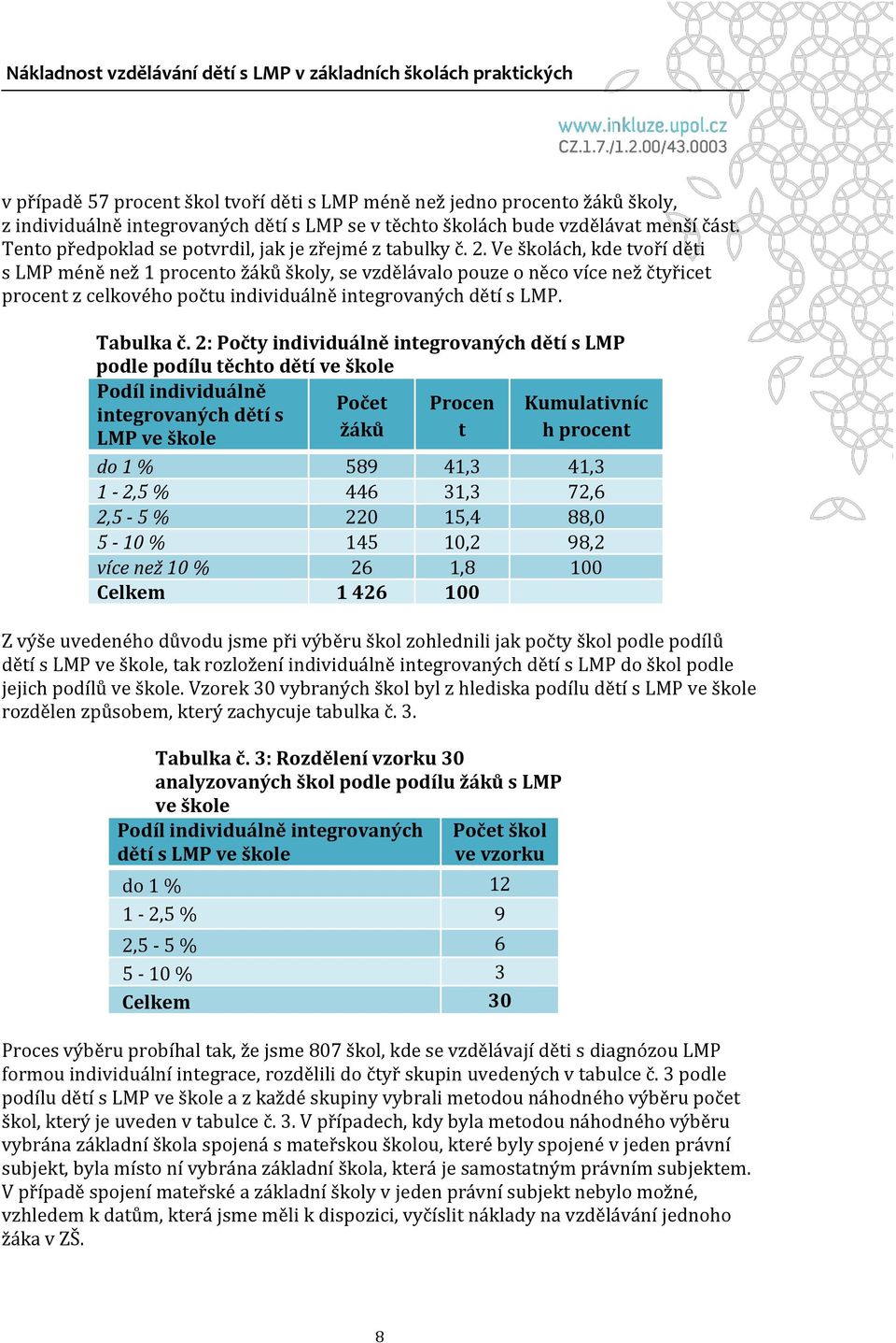 Ve školách, kde tvoří děti s LMP méně než 1 procento žáků školy, se vzdělávalo pouze o něco více než čtyřicet procent z celkového počtu individuálně integrovaných dětí s LMP. Tabulka č.