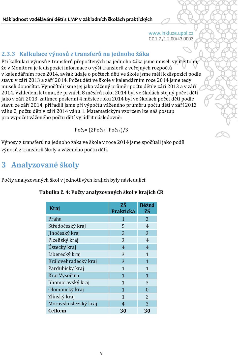 Počet dětí ve škole v kalendářním roce 2014 jsme tedy museli dopočítat. Vypočítali jsme jej jako vážený průměr počtu dětí v září 2013 a v září 2014.