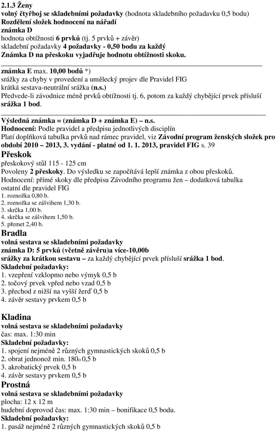 10,00 bodů *) srážky za chyby v provedení a umělecký projev dle Pravidel FIG krátká sestava-neutrální srážka (n.s.) Předvede-li závodnice méně prvků obtížnosti tj.