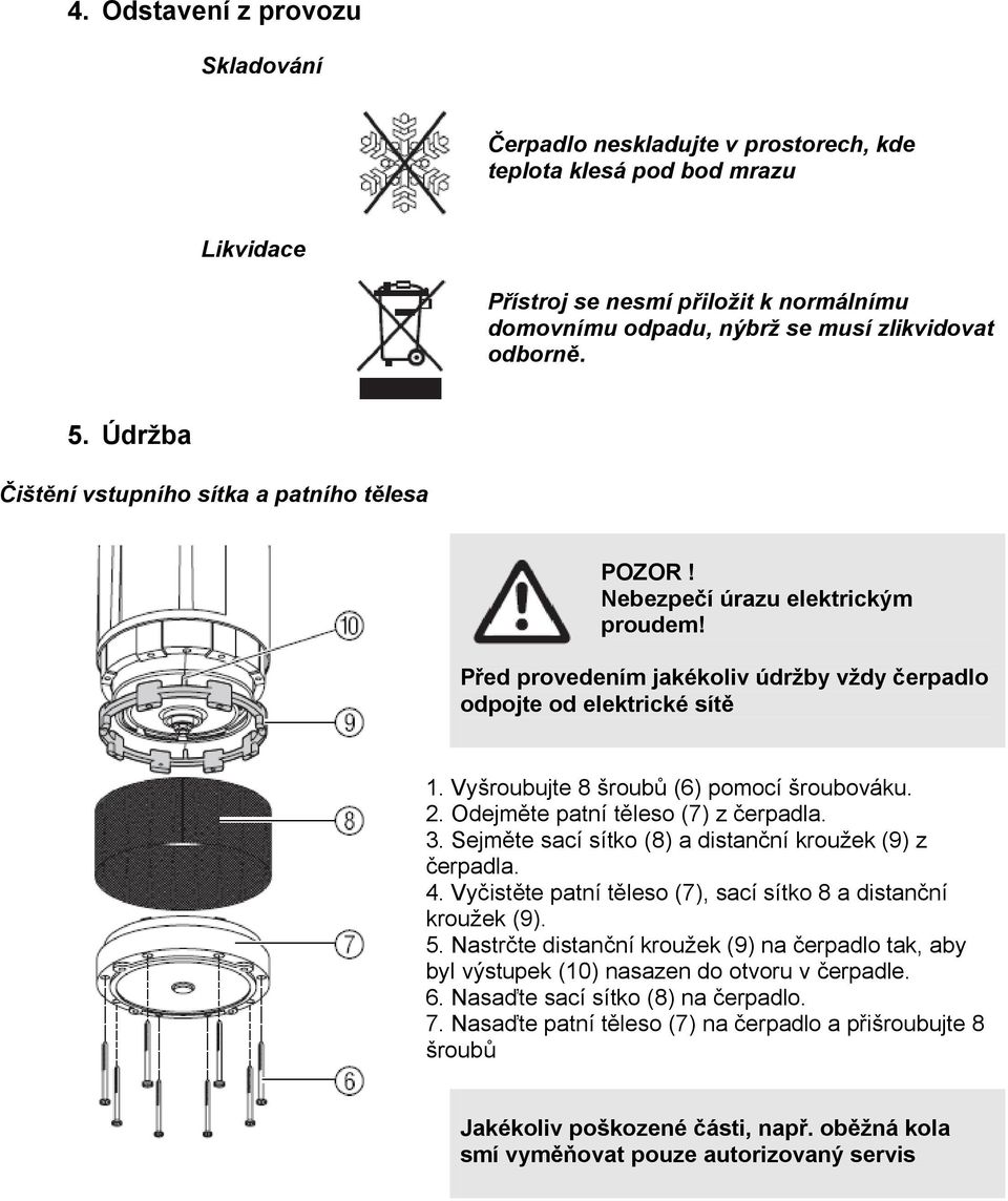 Vyšroubujte 8 šroubů (6) pomocí šroubováku. 2. Odejměte patní těleso (7) z čerpadla. 3. Sejměte sací sítko (8) a distanční kroužek (9) z čerpadla. 4.