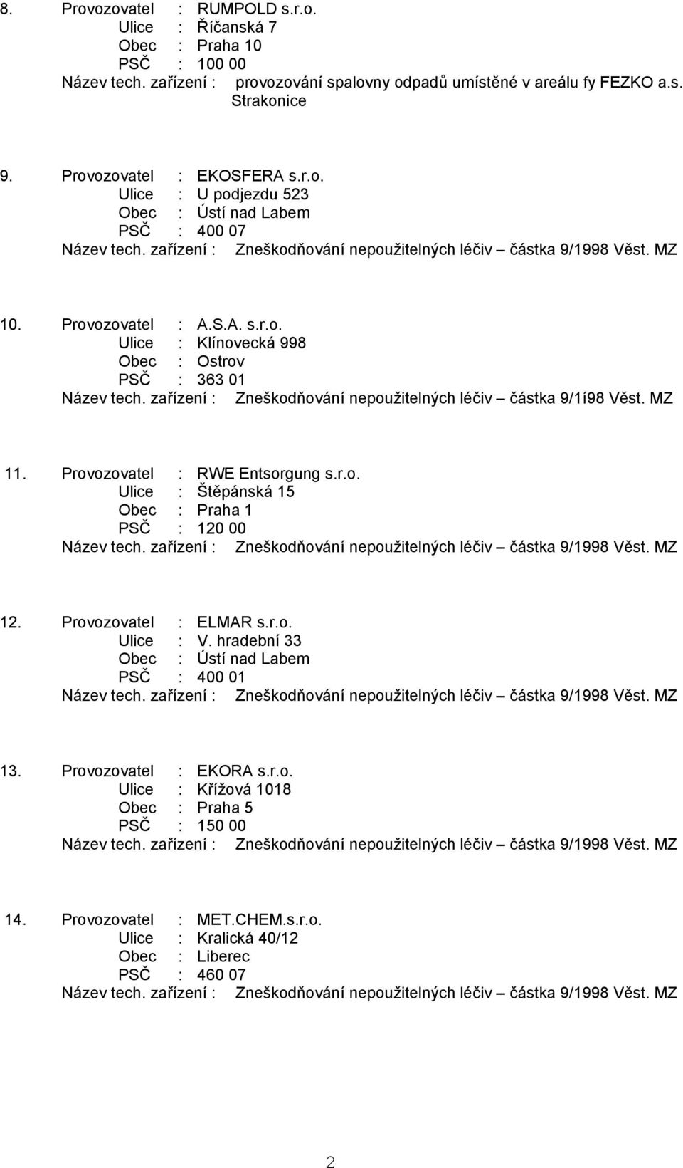 zařízení : Zneškodňování nepoužitelných léčiv částka 9/1í98 Věst. MZ 11. Provozovatel : RWE Entsorgung s.r.o. Ulice : Štěpánská 15 Obec : Praha 1 PSČ : 120 00 12. Provozovatel : ELMAR s.r.o. Ulice : V.