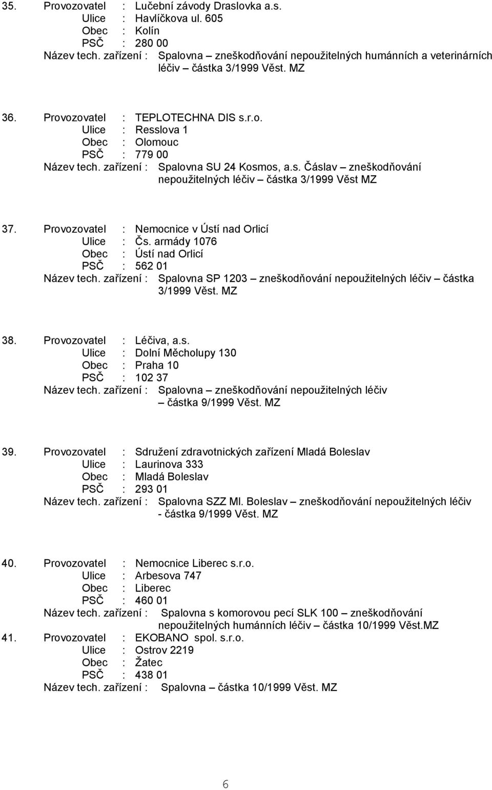 zařízení : Spalovna SU 24 Kosmos, a.s. Čáslav zneškodňování nepoužitelných léčiv částka 3/1999 Věst MZ 37. Provozovatel : Nemocnice v Ústí nad Orlicí Ulice : Čs.