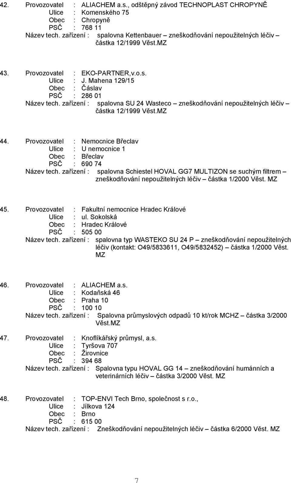 zařízení : spalovna SU 24 Wasteco zneškodňování nepoužitelných léčiv částka 12/1999 Věst.MZ 44. Provozovatel : Nemocnice Břeclav Ulice : U nemocnice 1 Obec : Břeclav PSČ : 690 74 Název tech.