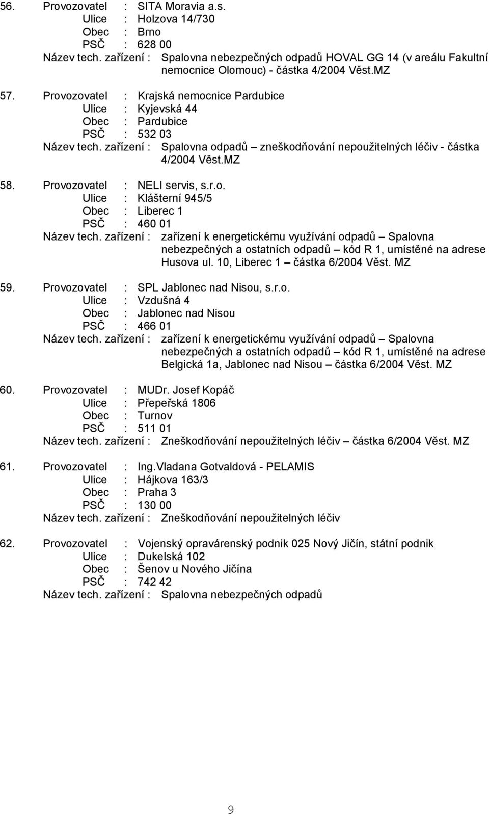 Provozovatel : Krajská nemocnice Pardubice Ulice : Kyjevská 44 Obec : Pardubice PSČ : 532 03 Název tech. zařízení : Spalovna odpadů zneškodňování nepoužitelných léčiv - částka 4/2004 Věst.MZ 58.