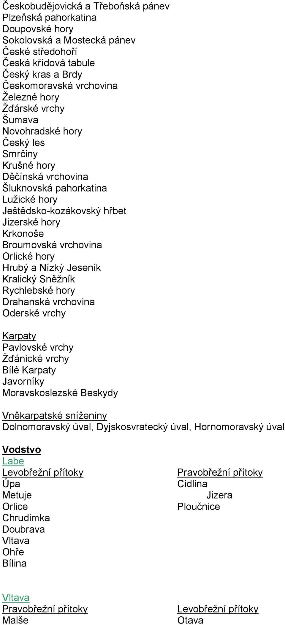 vrchovina Orlické hory Hrubý a Nízký Jeseník Kralický Sněžník Rychlebské hory Drahanská vrchovina Oderské vrchy Karpaty Pavlovské vrchy Žďánické vrchy Bílé Karpaty Javorníky Moravskoslezské