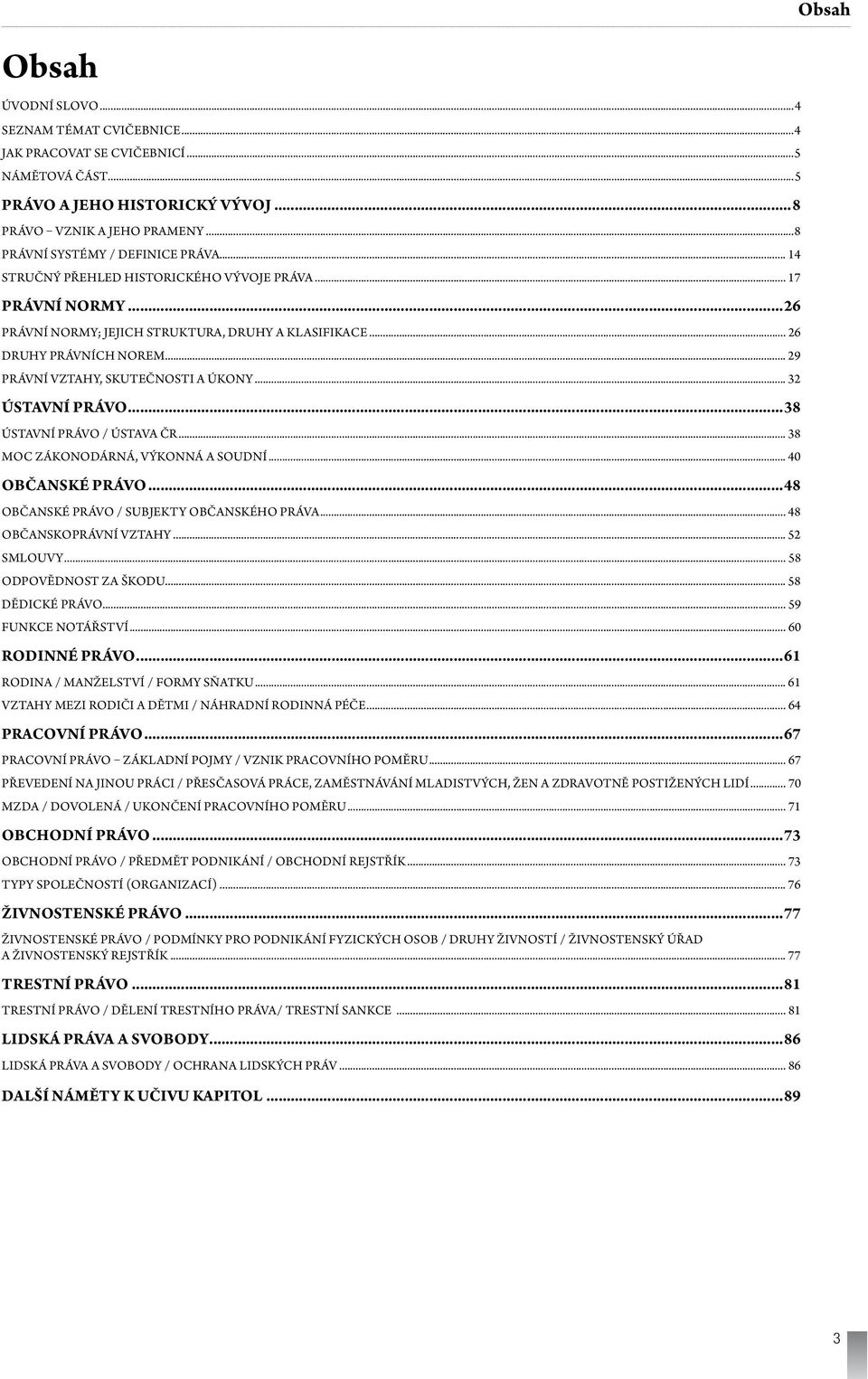 .. 29 PRÁVNÍ VZTAHY, SKUTEČNOSTI A ÚKONY... 32 ÚSTAVNÍ PRÁVO...38 ÚSTAVNÍ PRÁVO / ÚSTAVA ČR... 38 MOC ZÁKONODÁRNÁ, VÝKONNÁ A SOUDNÍ... 40 OBČANSKÉ PRÁVO...48 OBČANSKÉ PRÁVO / SUBJEKTY OBČANSKÉHO PRÁVA.