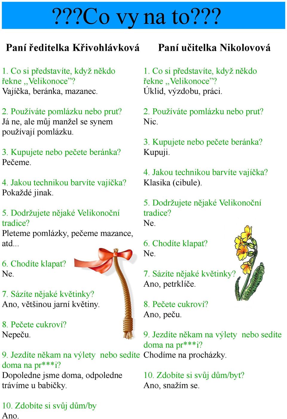 Pleteme pomlázky, pečeme mazance, atd... 6. Chodíte klapat? Ne. 7. Sázíte nějaké květinky? Ano, většinou jarní květiny. 8. Pečete cukroví? Nepeču. 9.