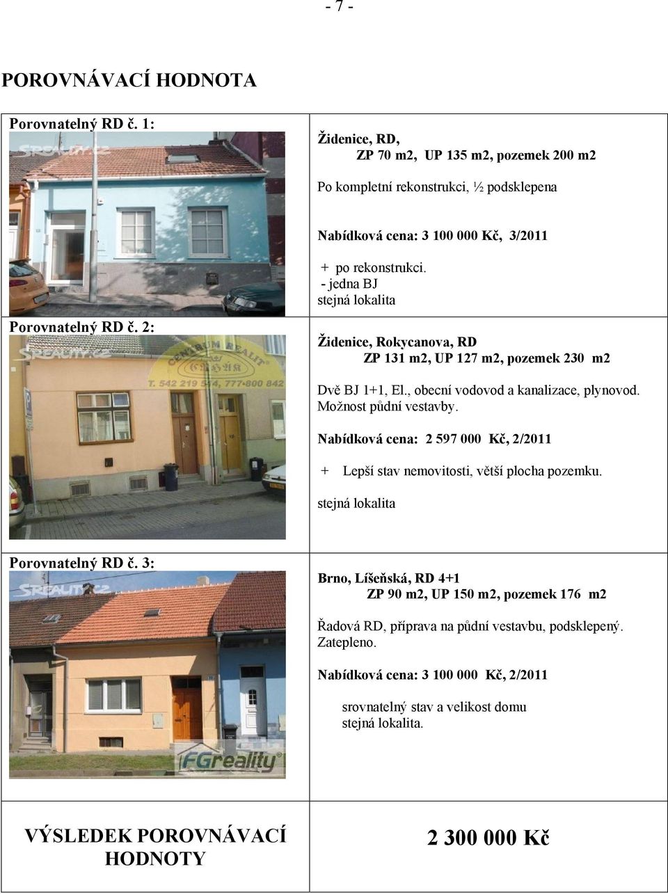 - jedna BJ stejná lokalita Porovnatelný RD č. 2: Židenice, Rokycanova, RD ZP 131 m2, UP 127 m2, pozemek 230 m2 Dvě BJ 1+1, El., obecní vodovod a kanalizace, plynovod. Možnost půdní vestavby.