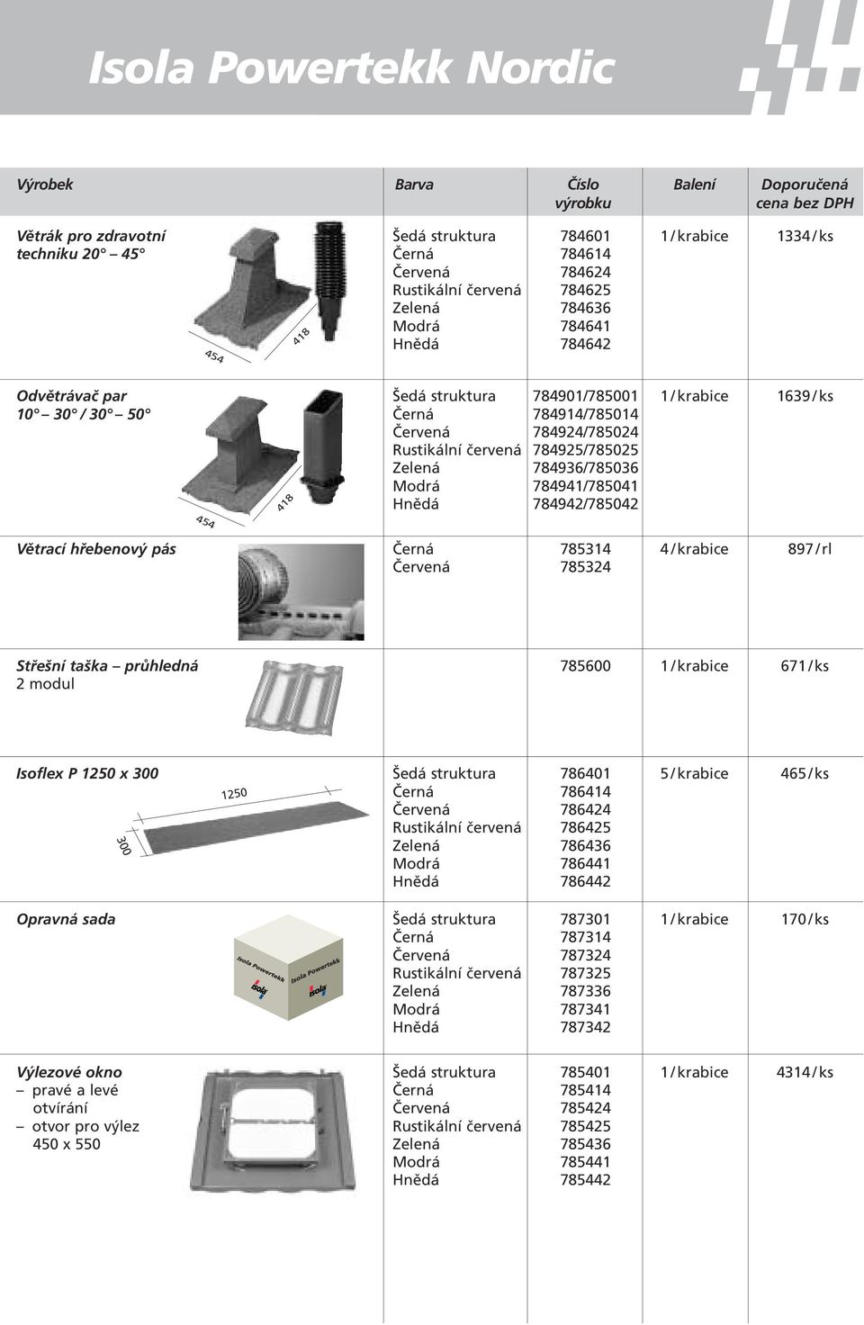 Hnûdá 784942/785042 Vûtrací hfiebenov pás âerná 785314 4 / krabice 8 9 7 / rl âervená 785324 Stfie ní ta ka prûhledná 785600 1 / krabice 67 1 / ks 2 modul Isoflex P x 300 edá struktura 786401 5 /
