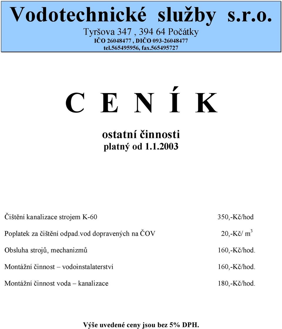 vod dopravených na ČOV 20,-Kč/ m 3 Obsluha strojů, mechanizmů Montážní
