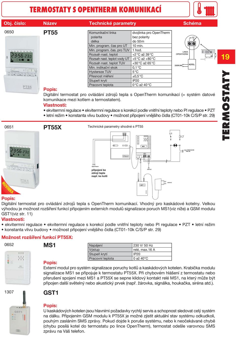 indikační skok 0,1 C Hystereze TUV 5 C Přesnost měření ±0,5 C Pracovní teplota 0 C až 40 C 0651 PT55 Digitální termostat pro ovládání zdrojů tepla s OpenTherm komunikací (= systém datové komunikace