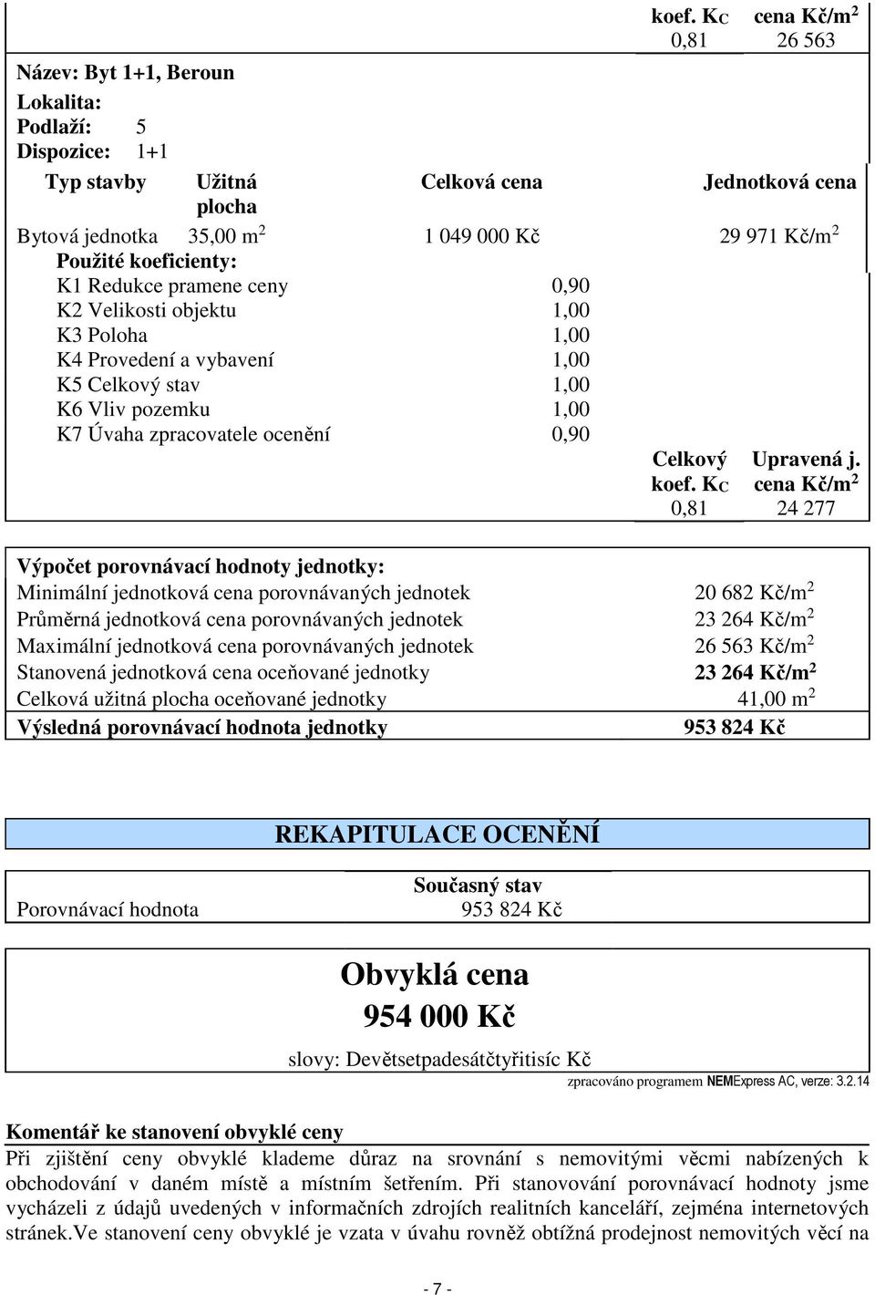 Celkový koef. KC 0,81 Upravená j.