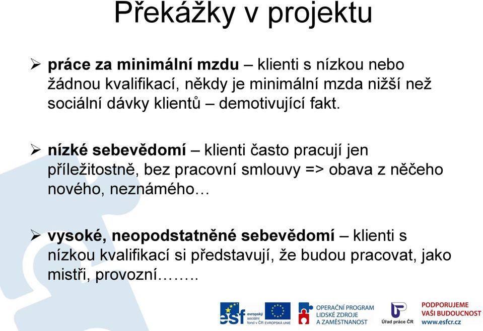 nízké sebevědomí klienti často pracují jen příležitostně, bez pracovní smlouvy => obava z něčeho