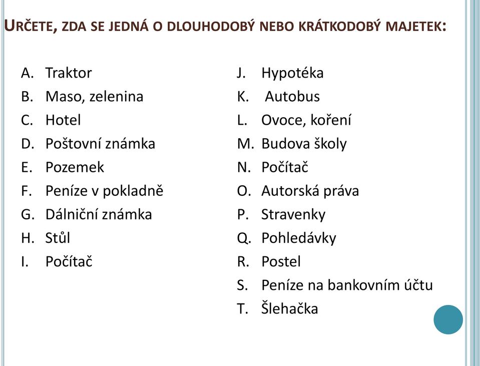 Dálniční známka H. Stůl I. Počítač J. Hypotéka K. Autobus L. Ovoce, koření M.