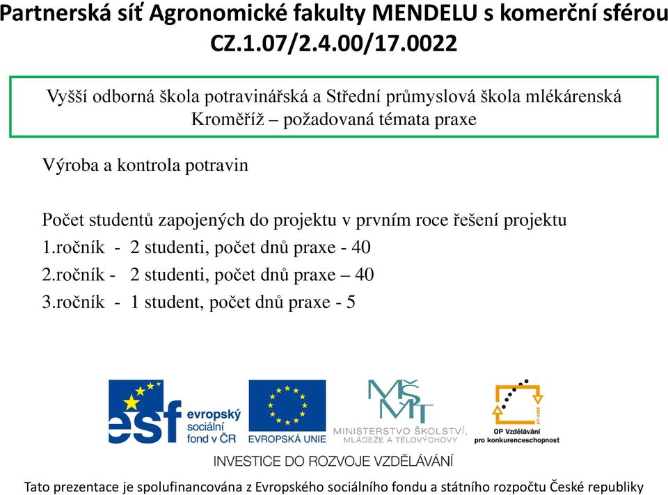 projektu v prvním roce řešení projektu 1.