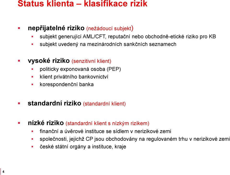 bankovnictví korespondenční banka standardní riziko (standardní klient) nízké riziko (standardní klient s nízkým rizikem) finanční a úvěrové