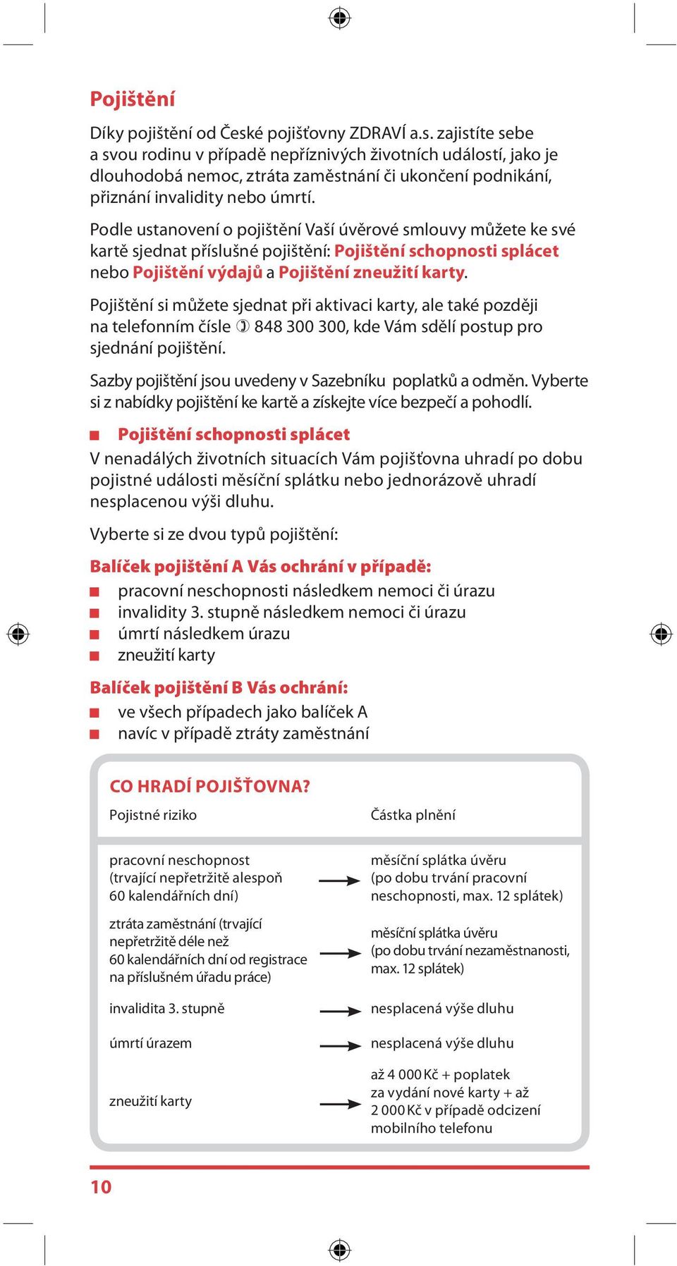 Podle ustanovení o pojištění Vaší úvěrové smlouvy můžete ke své kartě sjednat příslušné pojištění: Pojištění schopnosti splácet nebo Pojištění výdajů a Pojištění zneužití karty.