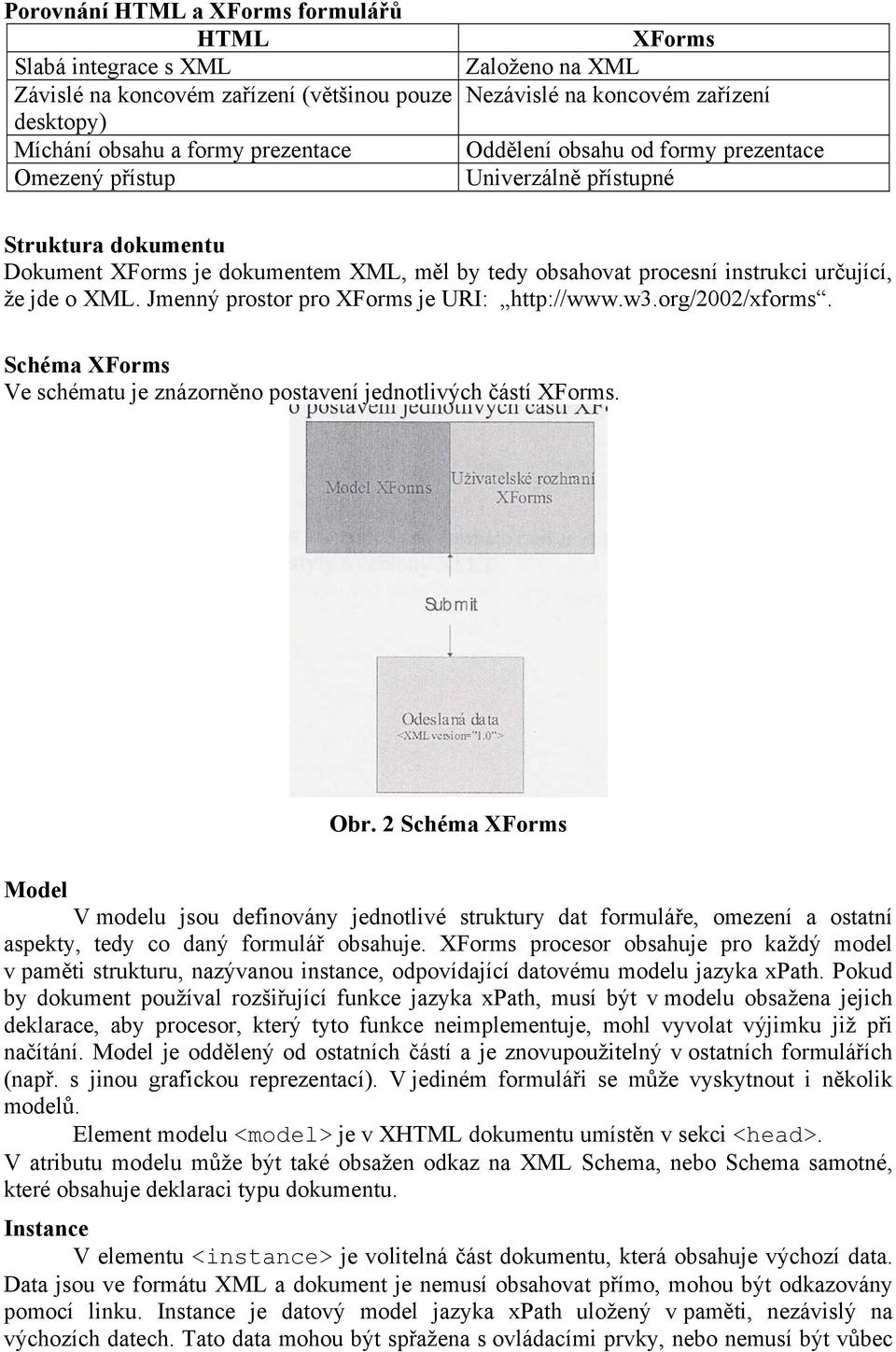 Jmenný prostor pro XForms je URI: http://www.w3.org/2002/xforms. Schéma XForms Ve schématu je znázorněno postavení jednotlivých částí XForms. Obr.