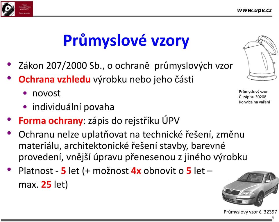 zápisu 30208 Konvice na vaření individuální povaha Forma ochrany: zápis do rejstříku ÚPV Ochranu nelze uplatňovat