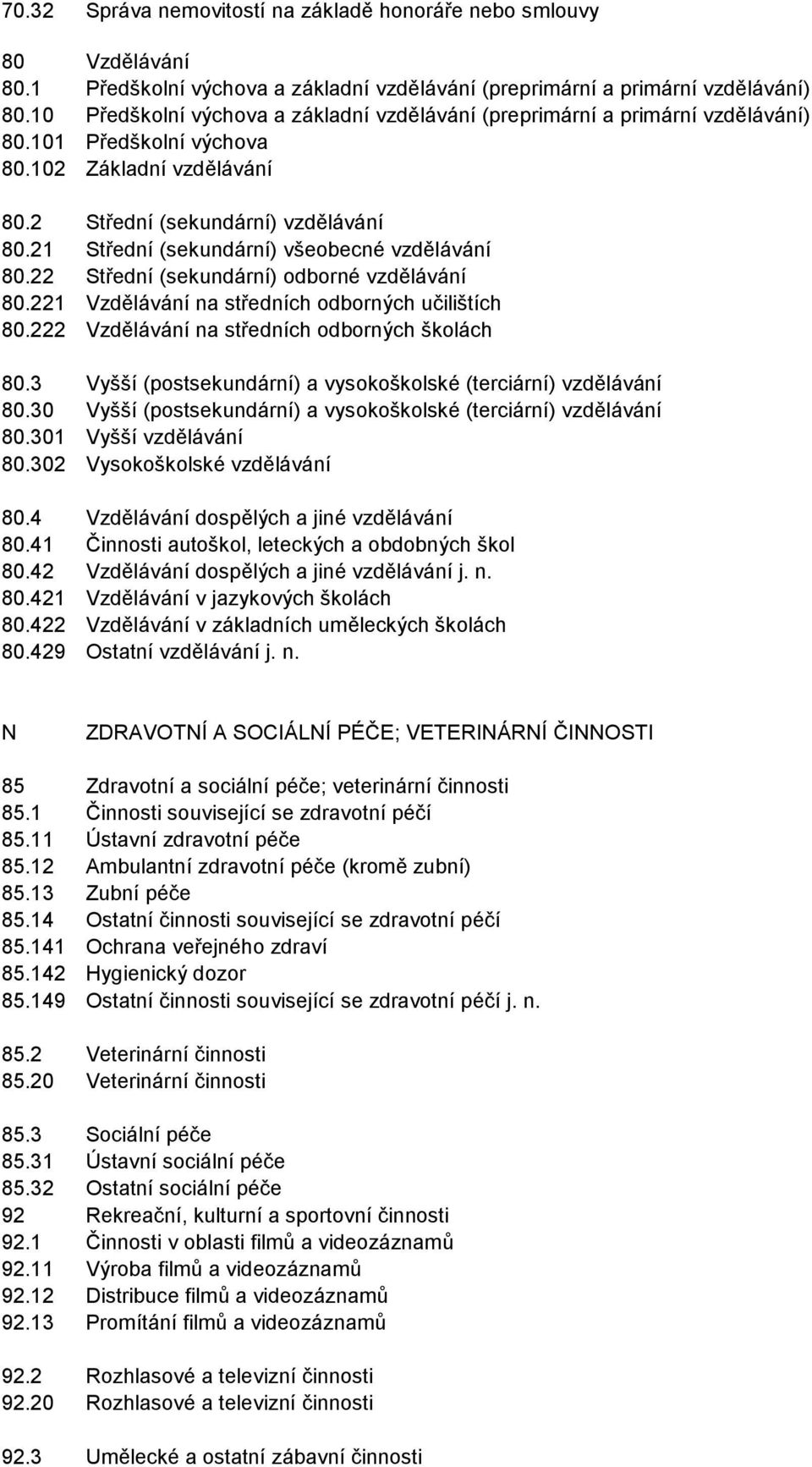 21 Střední (sekundární) všeobecné vzdělávání 80.22 Střední (sekundární) odborné vzdělávání 80.221 Vzdělávání na středních odborných učilištích 80.222 Vzdělávání na středních odborných školách 80.