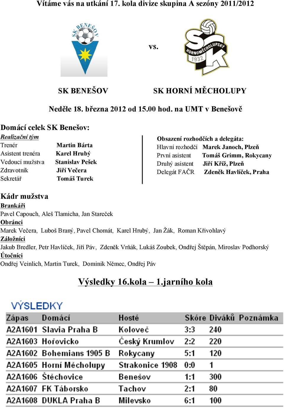 rozhodčích a delegáta: Hlavní rozhodčí Marek Janoch, Plzeň První asistent Tomáš Grimm, Rokycany Druhý asistent Jiří Kříž, Plzeň Delegát FAČR Zdeněk Havlíček, Praha Kádr mužstva Brankáři Pavel