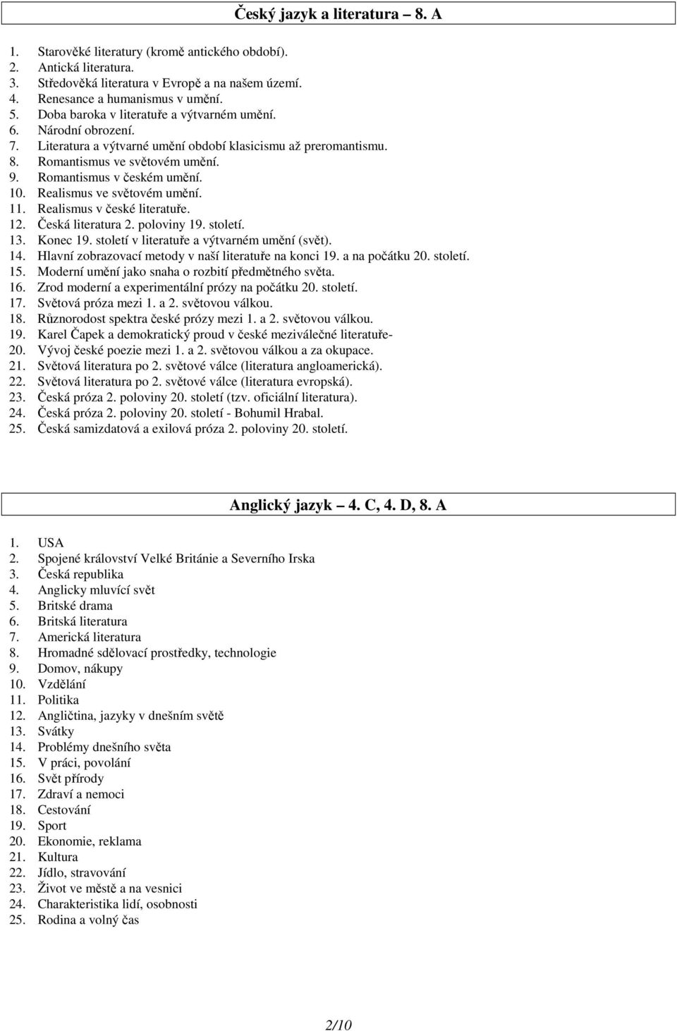 Realismus ve světovém umění. 11. Realismus v české literatuře. 12. Česká literatura 2. poloviny 19. století. 13. Konec 19. století v literatuře a výtvarném umění (svět). 14.