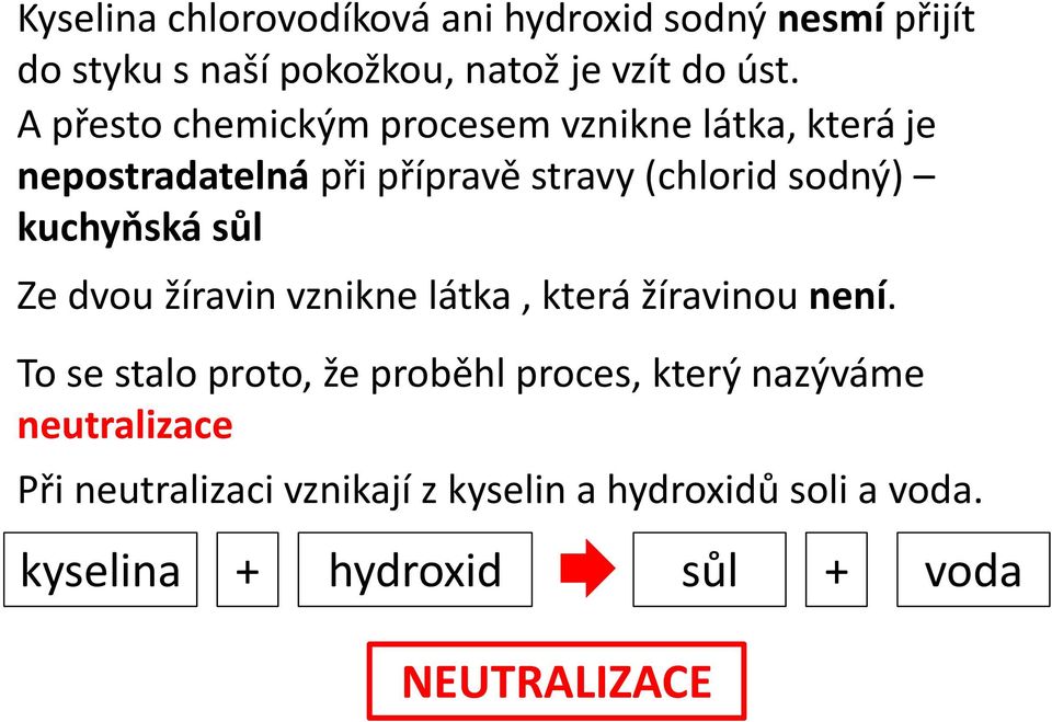 kuchyňská sůl Ze dvou žíravin vznikne látka, která žíravinou není.