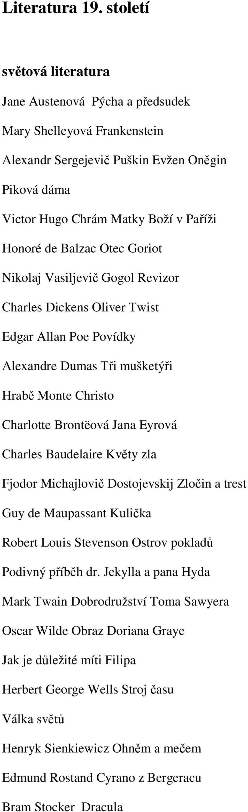 Otec Goriot Nikolaj Vasiljevič Gogol Revizor Charles Dickens Oliver Twist Edgar Allan Poe Povídky Alexandre Dumas Tři mušketýři Hrabě Monte Christo Charlotte Brontëová Jana Eyrová Charles Baudelaire