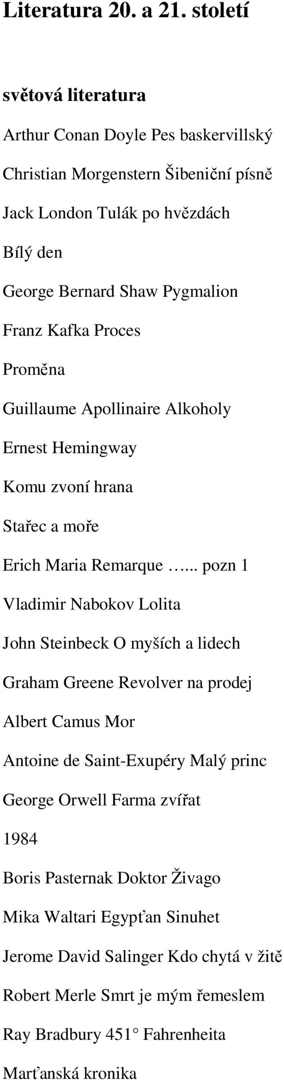 Franz Kafka Proces Proměna Guillaume Apollinaire Alkoholy Ernest Hemingway Komu zvoní hrana Stařec a moře Erich Maria Remarque.