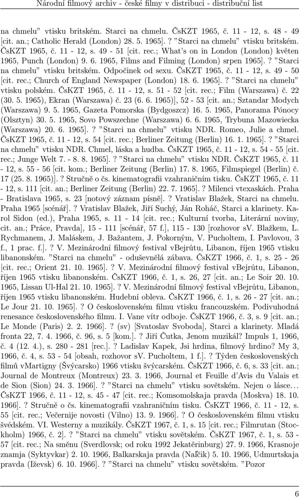 ; Church of England Newspaper(London) 18. 6. 1965].? Starci na chmelu vtiskupolském.čskzt1965,č.11-12,s.51-52[cit.rec.;film(warszawa)č.22 (30.5.1965),Ekran(Warszawa)č.23(6.6.1965)],52-53[cit.an.;SztandarModych (Warszawa) 9.