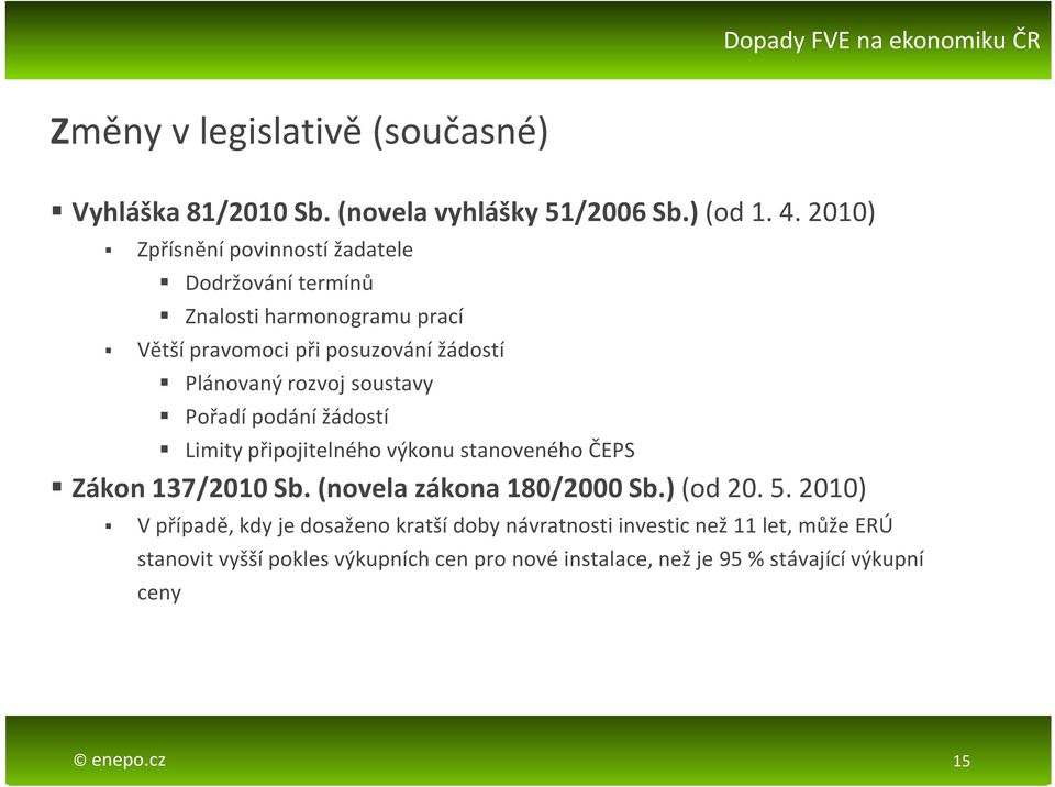 soustavy Pořadí podání žádostí Limity připojitelného výkonu stanoveného ČEPS Zákon 137/2010 Sb. (novela zákona 180/2000 Sb.) (od 20. 5.