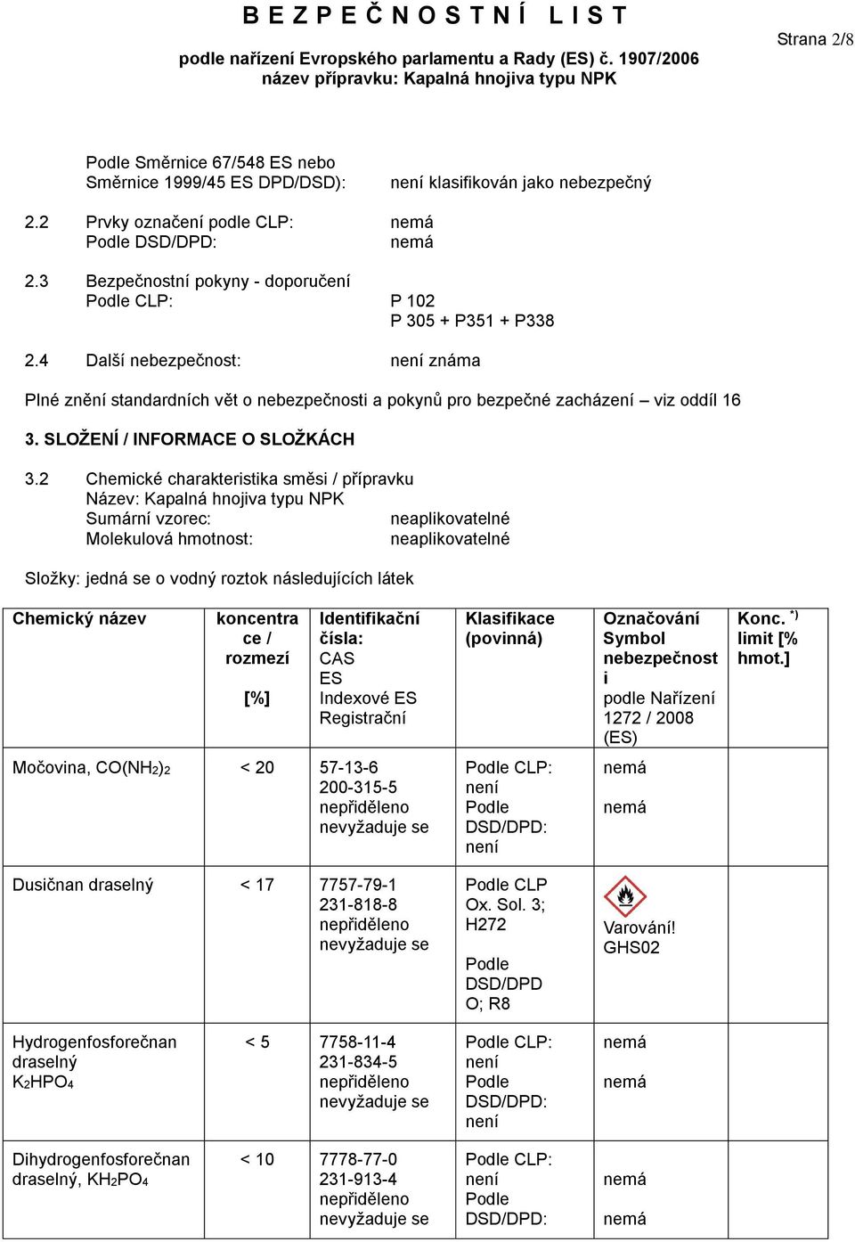 2 Chemické charakteristika směsi / přípravku Název: Kapalná hnojiva typu NPK Sumární vzorec: Molekulová hmotnost: Složky: jedná se o vodný roztok následujících látek Chemický název koncentra ce /
