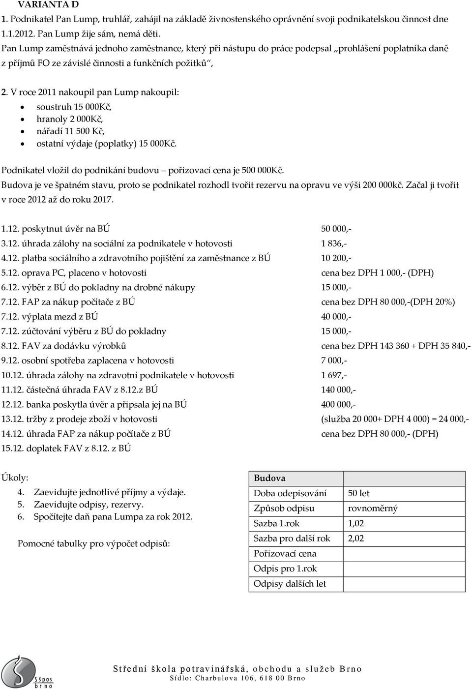 V roce 2011 nakoupil pan Lump nakoupil: soustruh 15 000Kč, hranoly 2 000Kč, nářadí 11 500 Kč, ostatní výdaje (poplatky) 15 000Kč. Podnikatel vložil do podnikání budovu pořizovací cena je 500 000Kč.