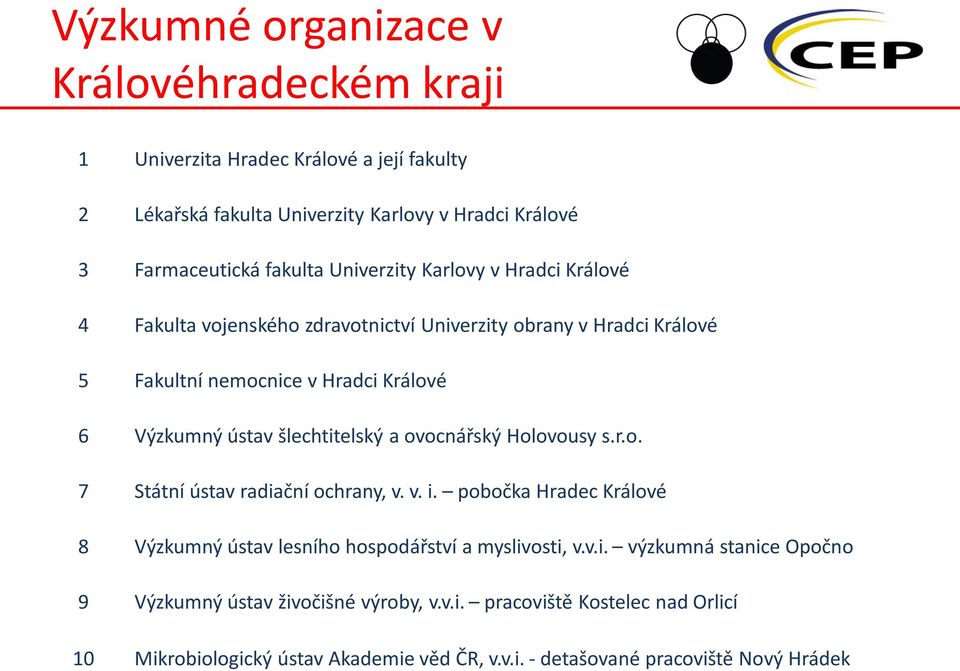 šlechtitelský a ovocnářský Holovousy s.r.o. 7 Státní ústav radiační ochrany, v. v. i. pobočka Hradec Králové 8 Výzkumný ústav lesního hospodářství a myslivosti, v.v.i. výzkumná stanice Opočno 9 Výzkumný ústav živočišné výroby, v.