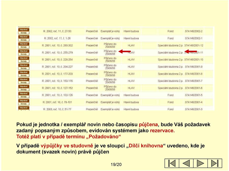 Totéž platí v případě termínu Požadováno V případě výpůjčky ve studovně