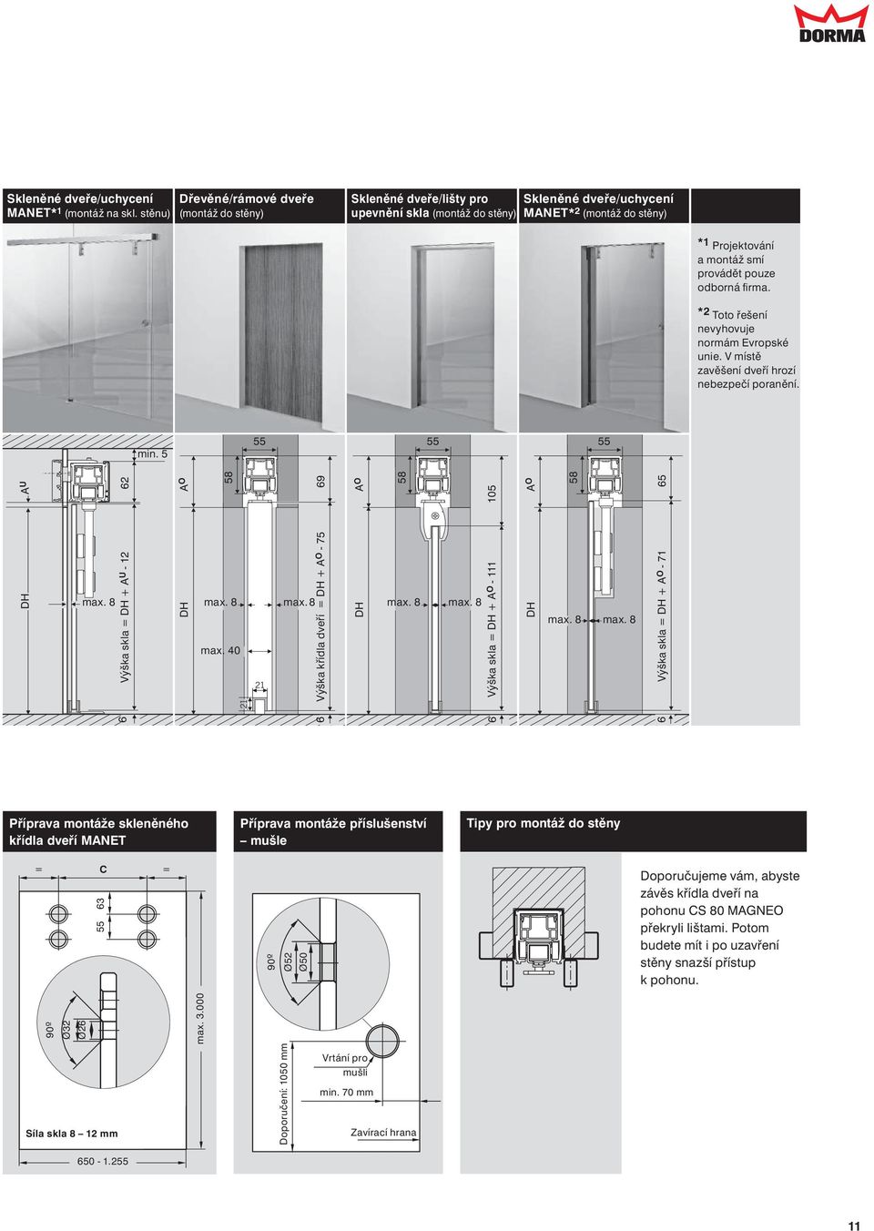 odborná fi rma. *2 Toto řešení nevyhovuje normám Evropské unie. V místě zavěšení dveří hrozí nebezpečí poranění. min. 5 55 55 55 DH A U 62 Výška skla = DH A U - 12 DH A O 58 max.