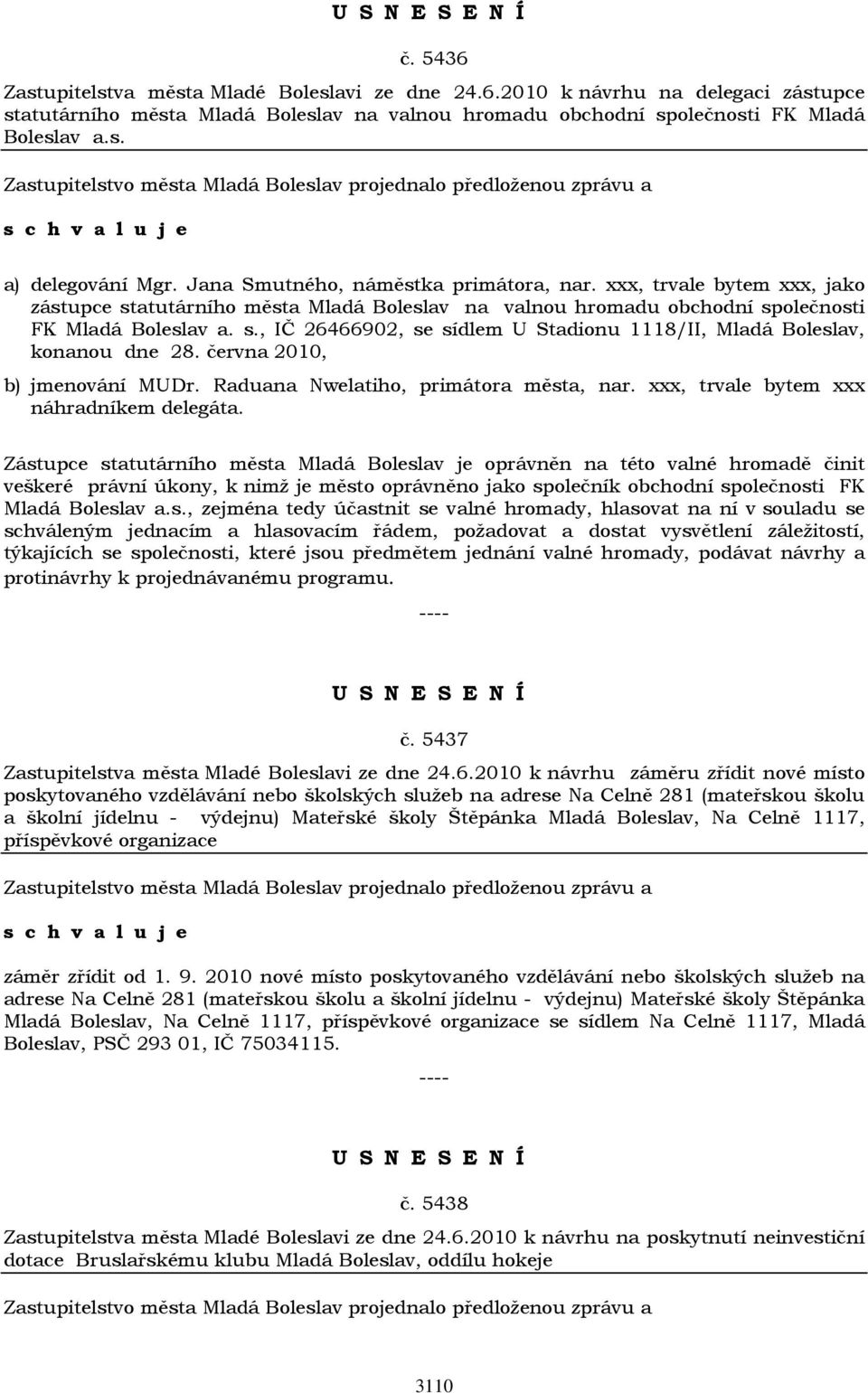 června 2010, b) jmenování MUDr. Raduana Nwelatiho, primátora města, nar. xxx, trvale bytem xxx náhradníkem delegáta.