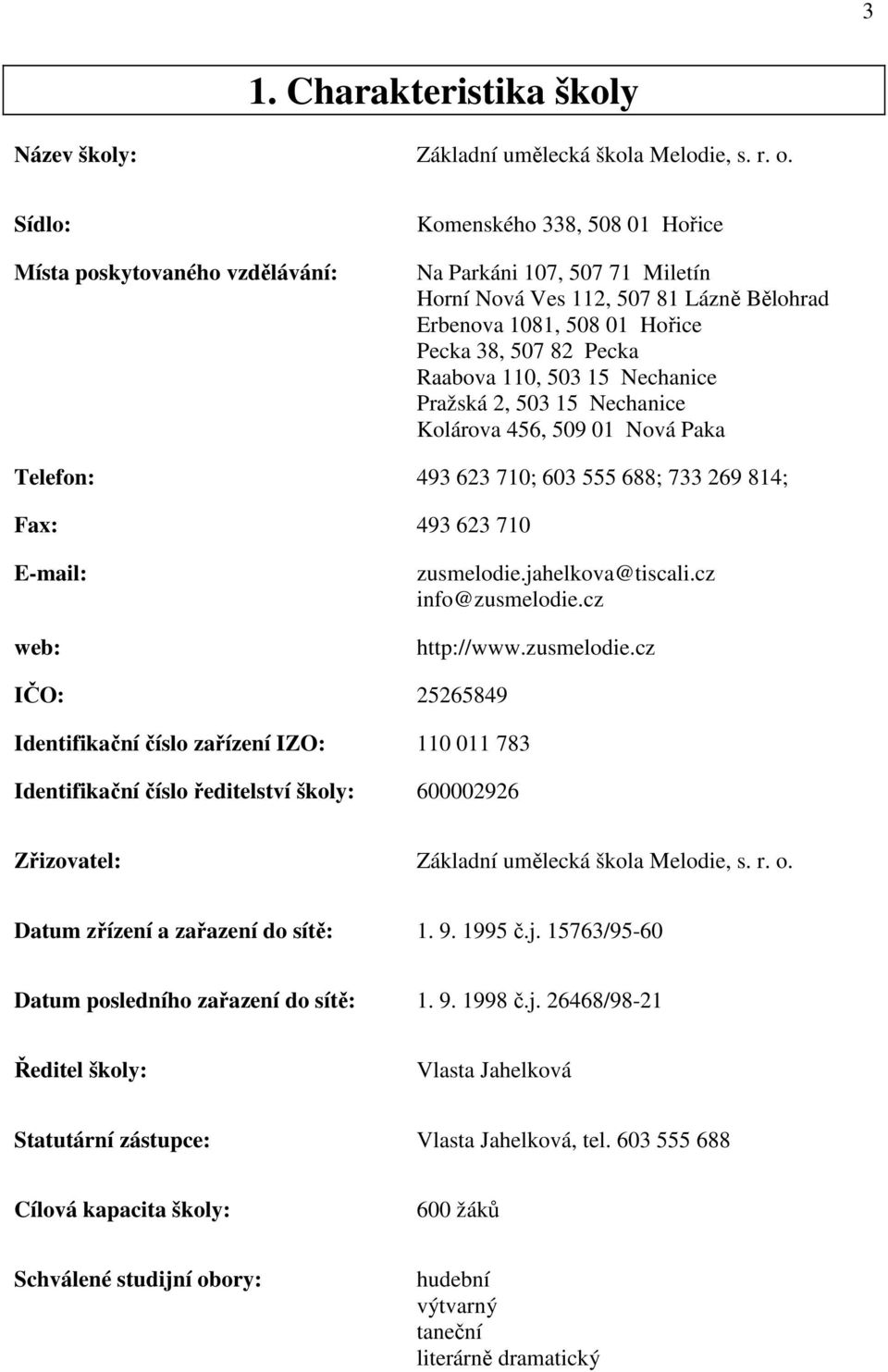 Raabova 110, 503 15 Nechanice Pražská 2, 503 15 Nechanice Kolárova 456, 509 01 Nová Paka Telefon: 493 623 710; 603 555 688; 733 269 814; Fax: 493 623 710 E-mail: web: zusmelodie.jahelkova@tiscali.