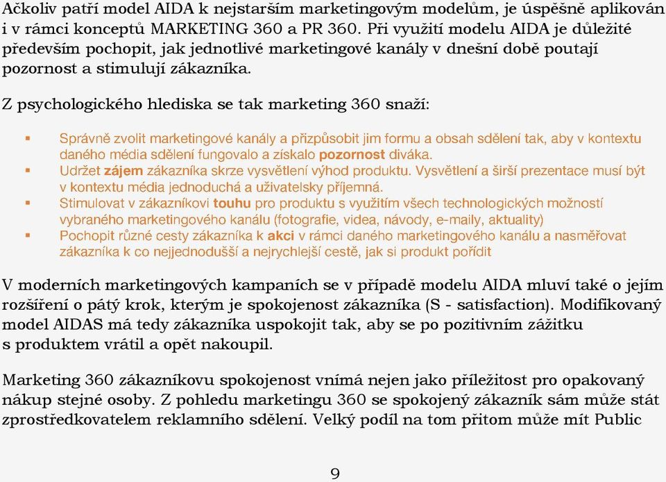 Z psychologického hlediska se tak marketing 360 snaží: V moderních marketingových kampaních se v případě modelu AIDA mluví také o jejím rozšíření o pátý krok, kterým je spokojenost zákazníka (S -