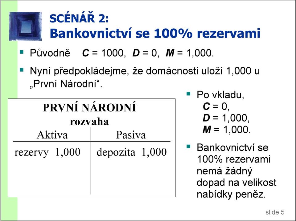 Po vkladu, PRVNÍ NÁRODNÍ C = 0, rozvaha D = 1,000, M = 1,000.