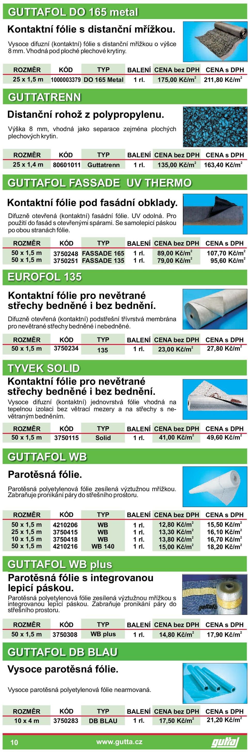 50 x 1,5 m 375034 135. 3,00 Kè/m 7,80 Kè/m TYVEK SOLID Kontaktní fólie pro nevìtrané støechy bednìné i bez bednìní.