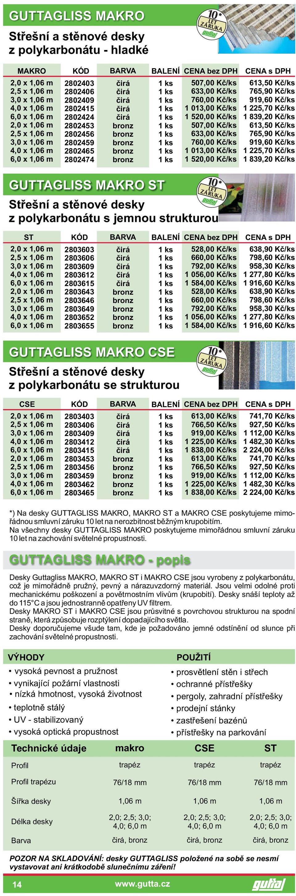 Kè/ks 765,90 Kè/ks 919,60 Kè/ks 1 5,70 Kè/ks 1 839,0 Kè/ks 613,50 Kè/ks 765,90 Kè/ks 919,60 Kè/ks 1 5,70 Kè/ks 1 839,0 Kè/ks GUTTAGLISS MAKRO ST Støešní a stìnové desky z polykarbonátu s jemnou